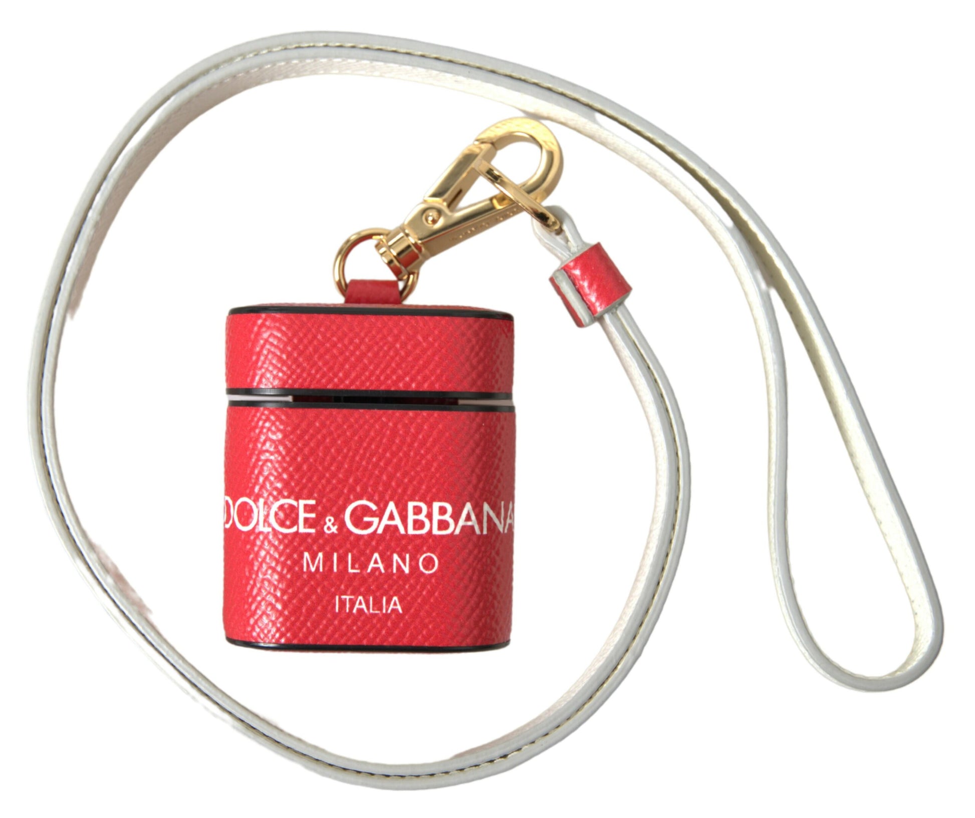 Dolce & Gabbana Red Leather Gold Tone Metal Logo Print Strap Airpods Case - ClickThatClicks 
