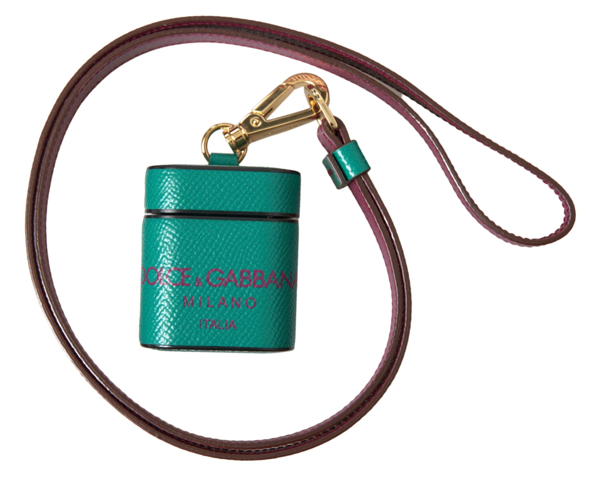 Dolce & Gabbana Green Maroon Calf Leather Logo Print Strap Airpods Case - ClickThatClicks 