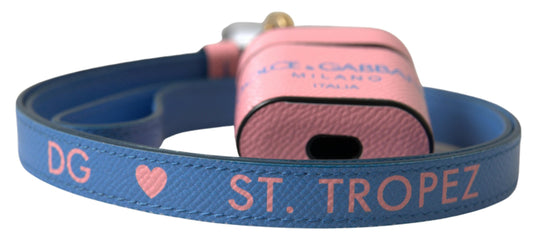 Dolce & Gabbana Pink Blue Calf Leather Logo Print Strap Airpods Case - ClickThatClicks 