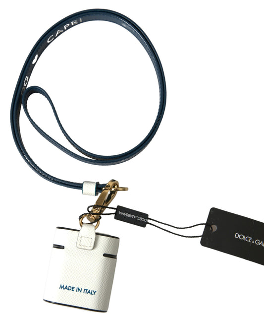 Dolce & Gabbana White Blue Calf Leather Logo Print Strap Airpods Case - ClickThatClicks 