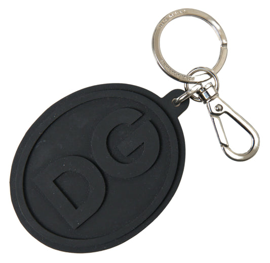 Dolce & Gabbana Black Rubber DG Logo Silver Brass Metal Keychain - ClickThatClicks 