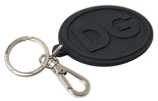 Dolce & Gabbana Black Rubber DG Logo Silver Brass Metal Keychain - ClickThatClicks 