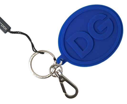 Dolce & Gabbana Blue Rubber DG Logo Silver Brass Metal Keyring Keychain - ClickThatClicks 