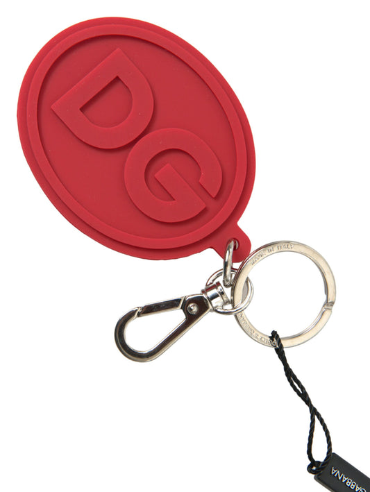 Dolce & Gabbana Red Rubber DG Logo Silver Brass Metal Keyring Keychain - ClickThatClicks 