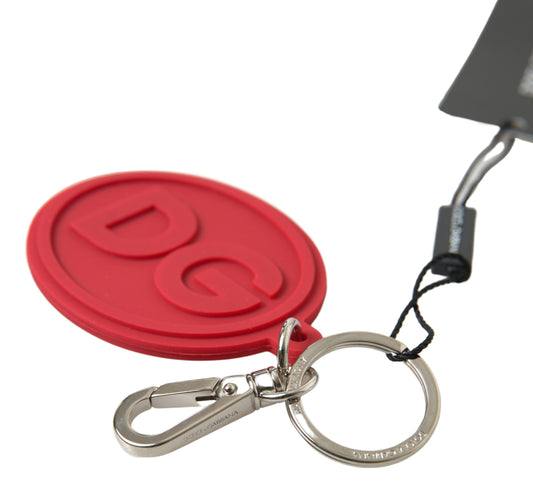 Dolce & Gabbana Red Rubber DG Logo Silver Brass Metal Keyring Keychain - ClickThatClicks 
