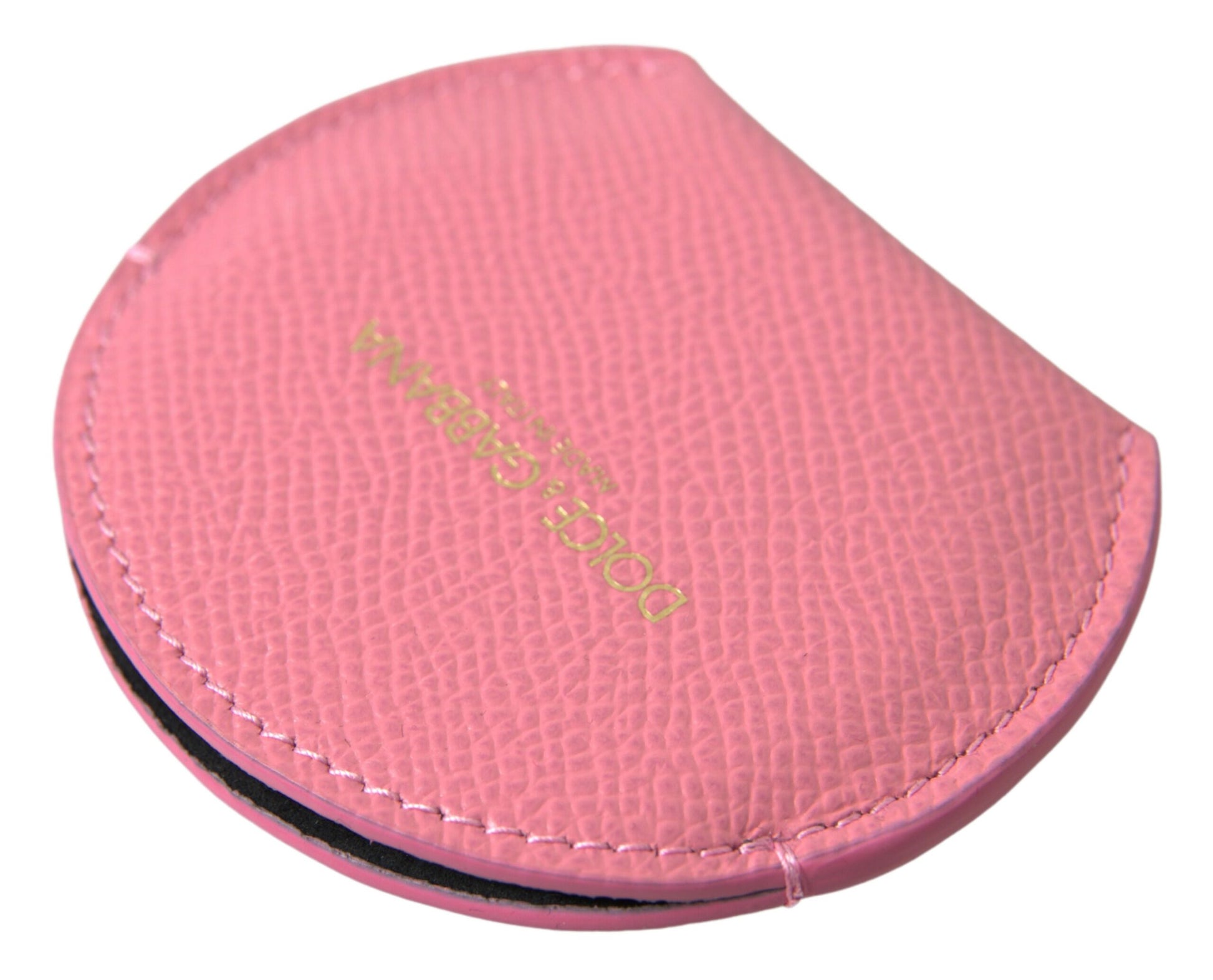 Dolce & Gabbana Pink Calfskin Leather Round Logo Print Hand Mirror Holder - ClickThatClicks 