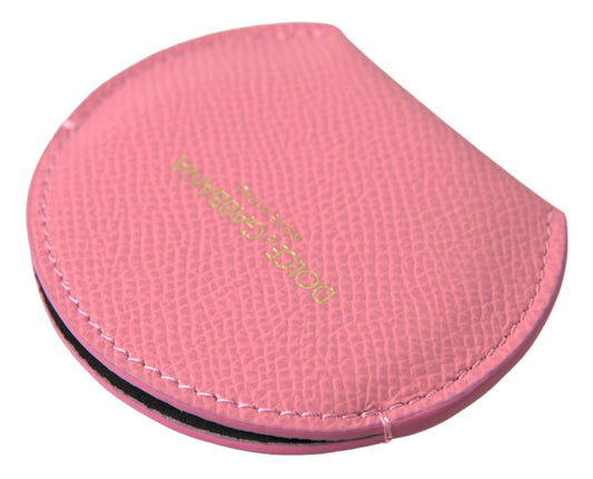 Dolce & Gabbana Pink Calfskin Leather Round Logo Print Hand Mirror Holder - ClickThatClicks 