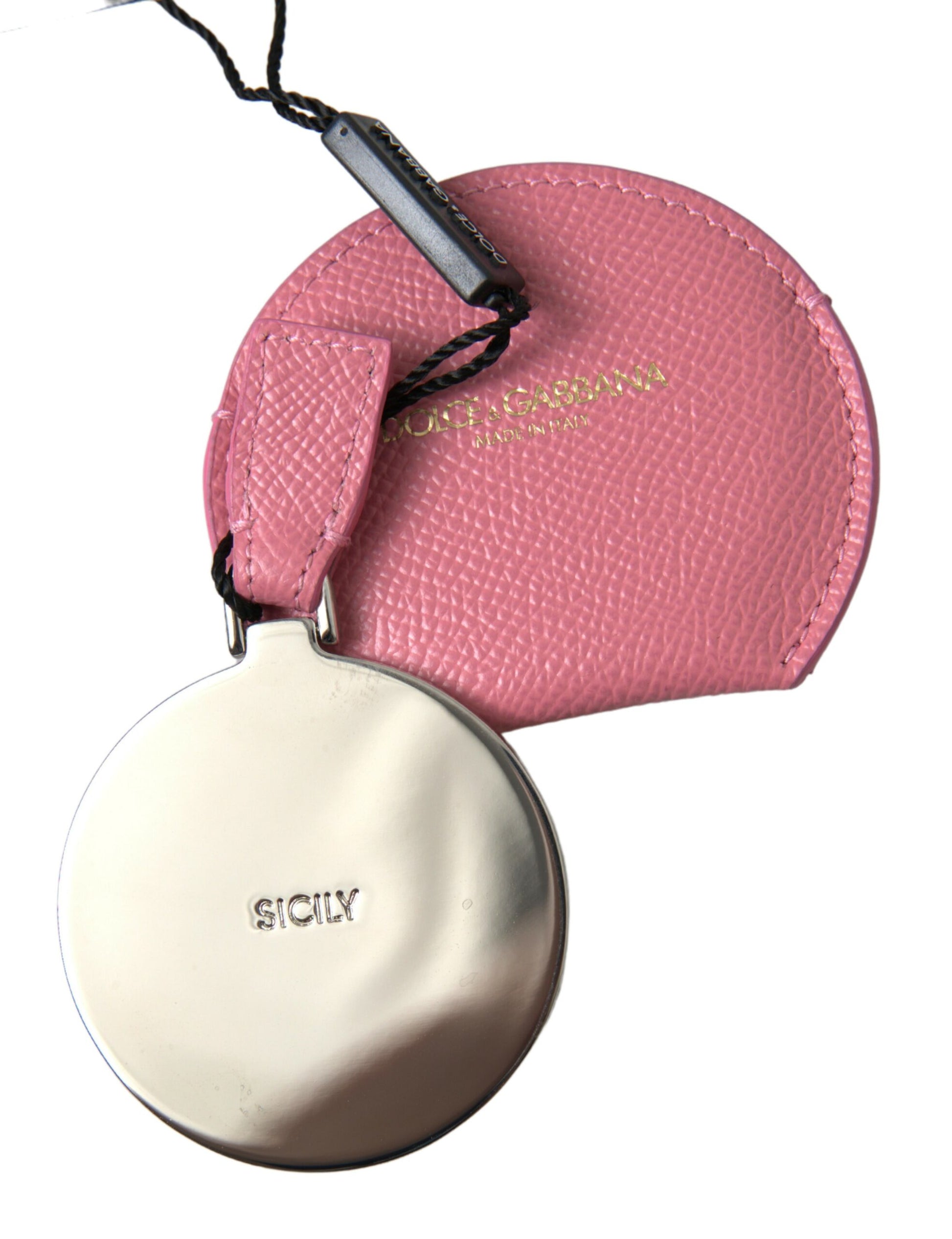 Dolce & Gabbana Pink Calfskin Leather Round Logo Print Hand Mirror Holder - ClickThatClicks 