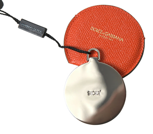 Dolce & Gabbana Orange Calfskin Leather Round Logo Hand Mirror Holder - ClickThatClicks 