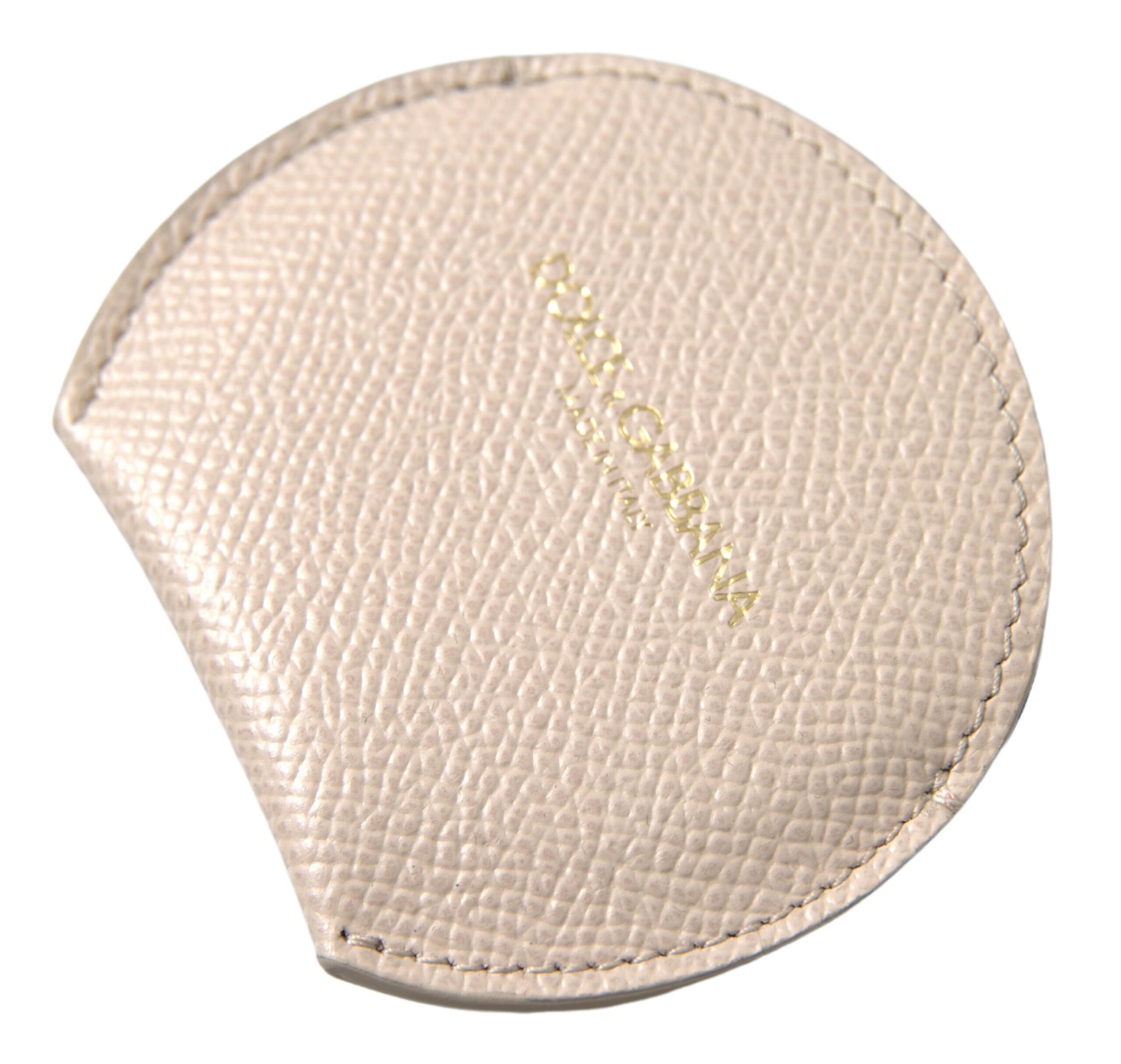 Dolce & Gabbana Beige Calfskin Leather Round Logo Hand Mirror Holder - ClickThatClicks 