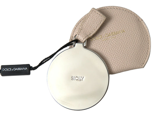 Dolce & Gabbana Beige Calfskin Leather Round Logo Hand Mirror Holder - ClickThatClicks 
