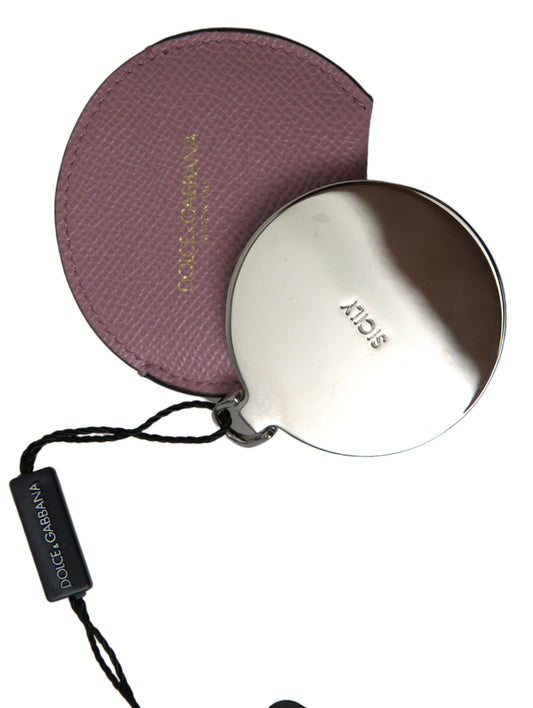 Dolce & Gabbana Pink Calfskin Leather Round Logo Print Hand Mirror Holder - ClickThatClicks 