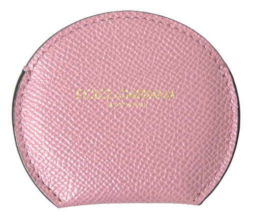 Dolce & Gabbana Pink Calfskin Leather Round Logo Print Hand Mirror Holder - ClickThatClicks 