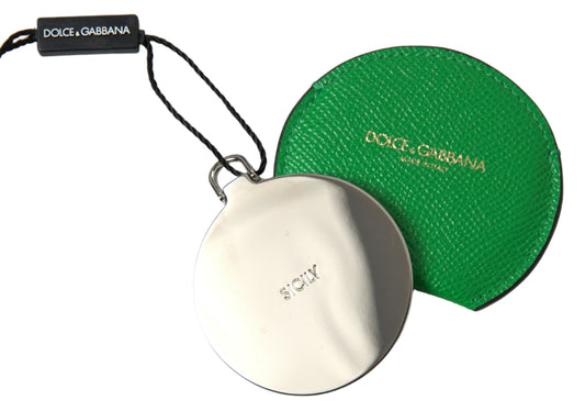 Dolce & Gabbana Green Calfskin Leather Round Logo Hand Mirror Holder - ClickThatClicks 