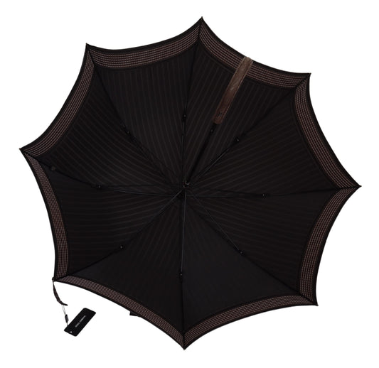Dolce & Gabbana Brown Striped Leather Handle Collapsible Sartoria Umbrella - ClickThatClicks 