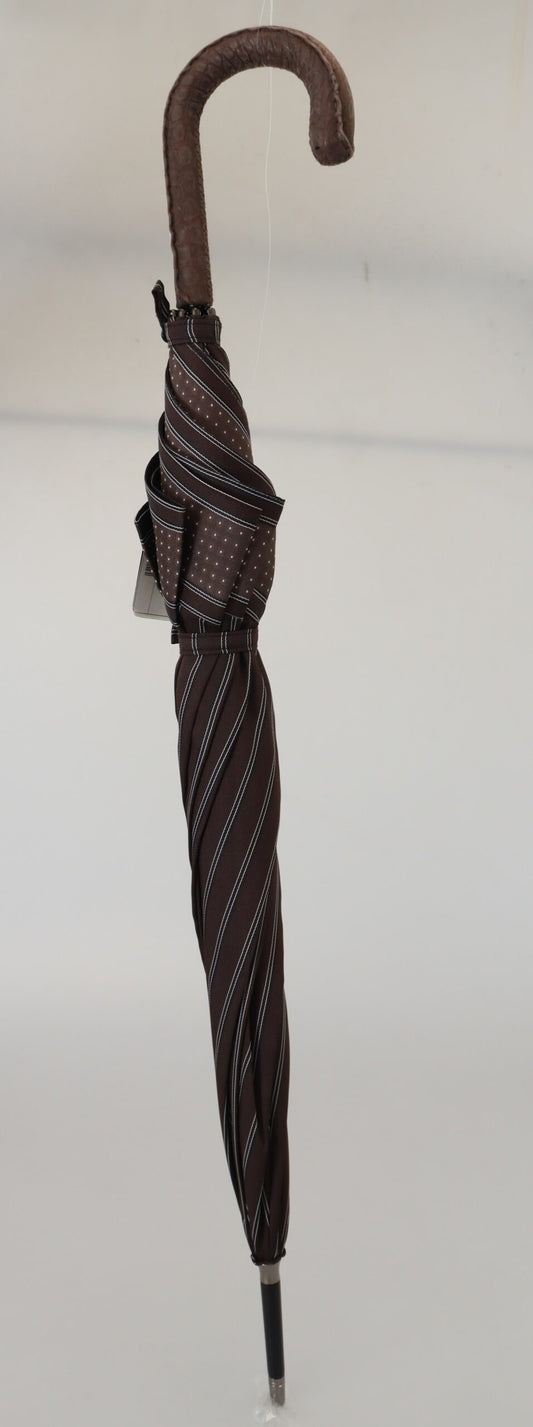 Dolce & Gabbana Brown Striped Leather Handle Collapsible Sartoria Umbrella - ClickThatClicks 