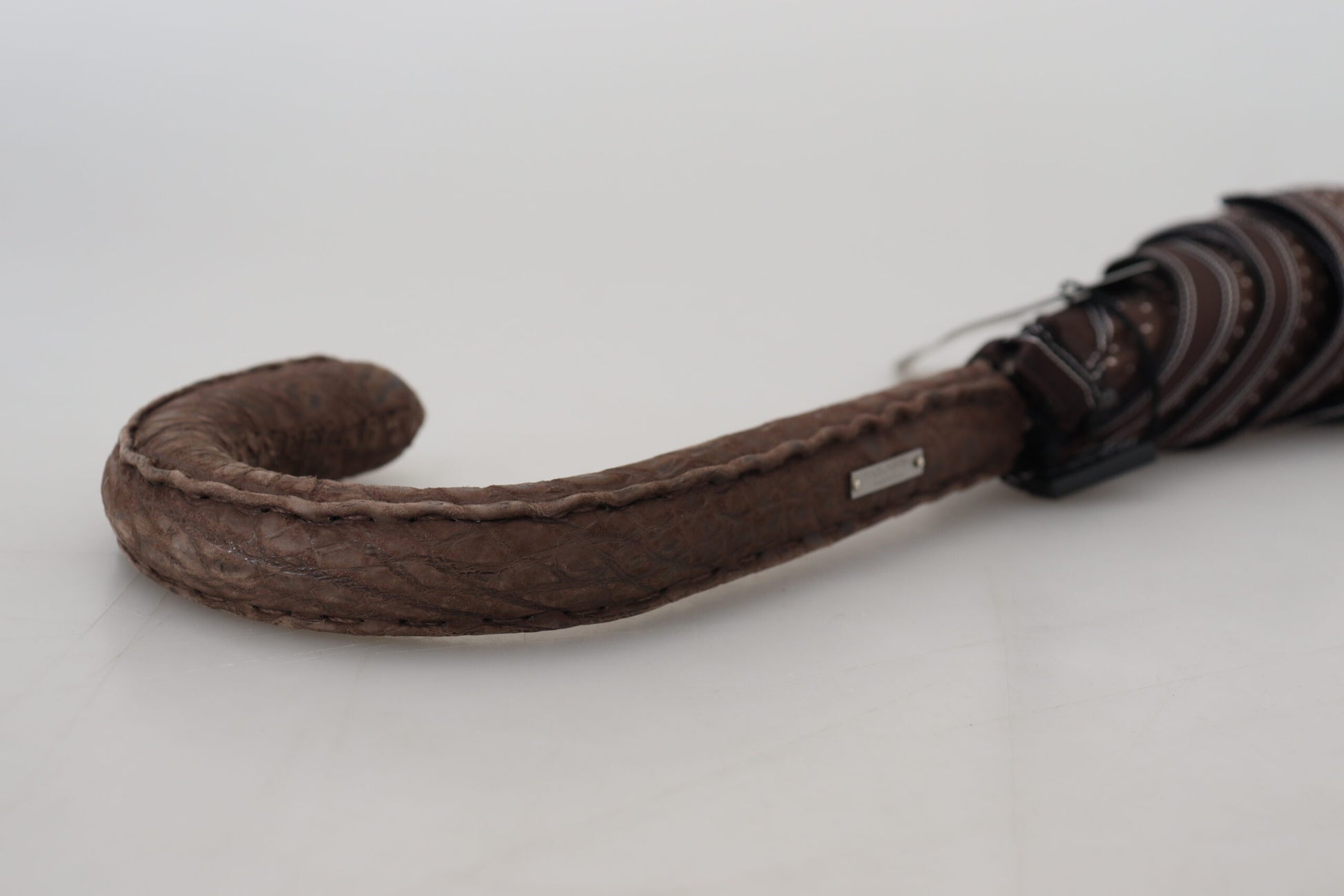 Dolce & Gabbana Brown Striped Leather Handle Collapsible Sartoria Umbrella - ClickThatClicks 