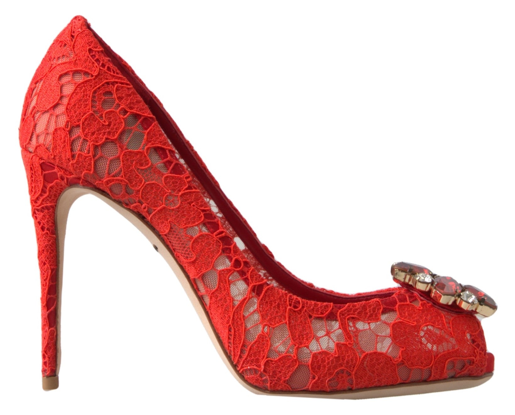 Dolce & Gabbana Red Taormina Lace Crystal Heels Pumps Shoes - ClickThatClicks 