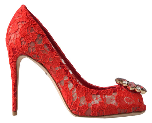 Dolce & Gabbana Red Taormina Lace Crystal Heels Pumps Shoes - ClickThatClicks 