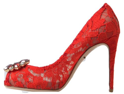Dolce & Gabbana Red Taormina Lace Crystal Heels Pumps Shoes - ClickThatClicks 
