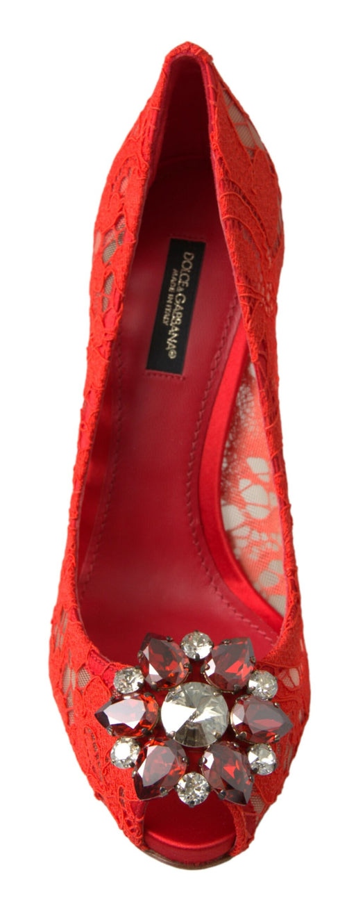 Dolce & Gabbana Red Taormina Lace Crystal Heels Pumps Shoes - ClickThatClicks 
