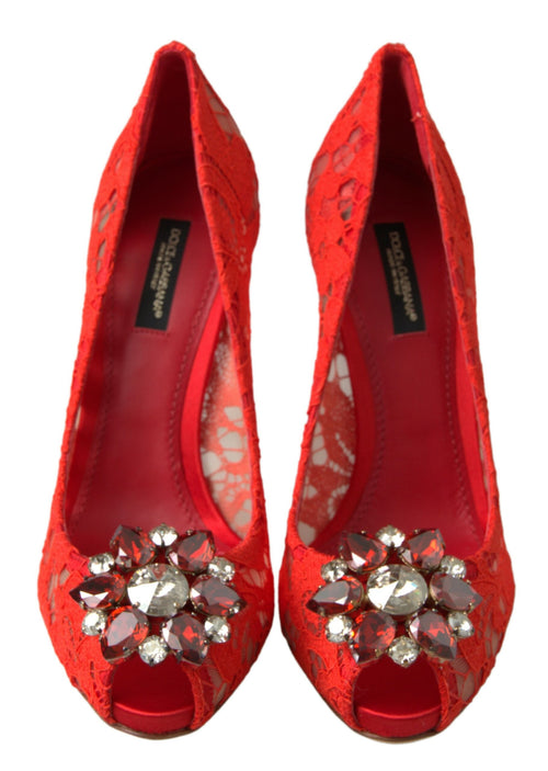 Dolce & Gabbana Red Taormina Lace Crystal Heels Pumps Shoes - ClickThatClicks 
