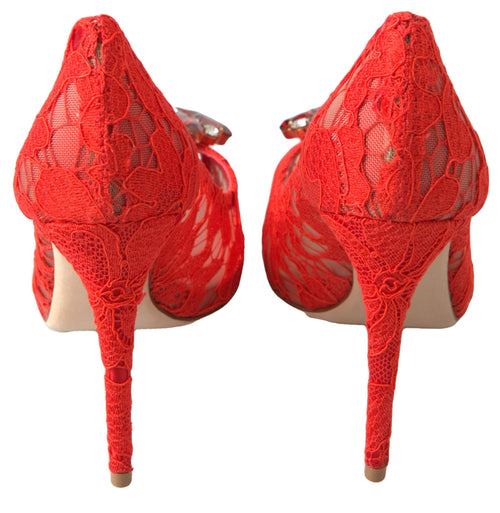Dolce & Gabbana Red Taormina Lace Crystal Heels Pumps Shoes - ClickThatClicks 