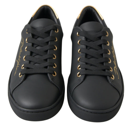 Dolce & Gabbana Black Gold Leather Classic Sneakers Shoes - ClickThatClicks 