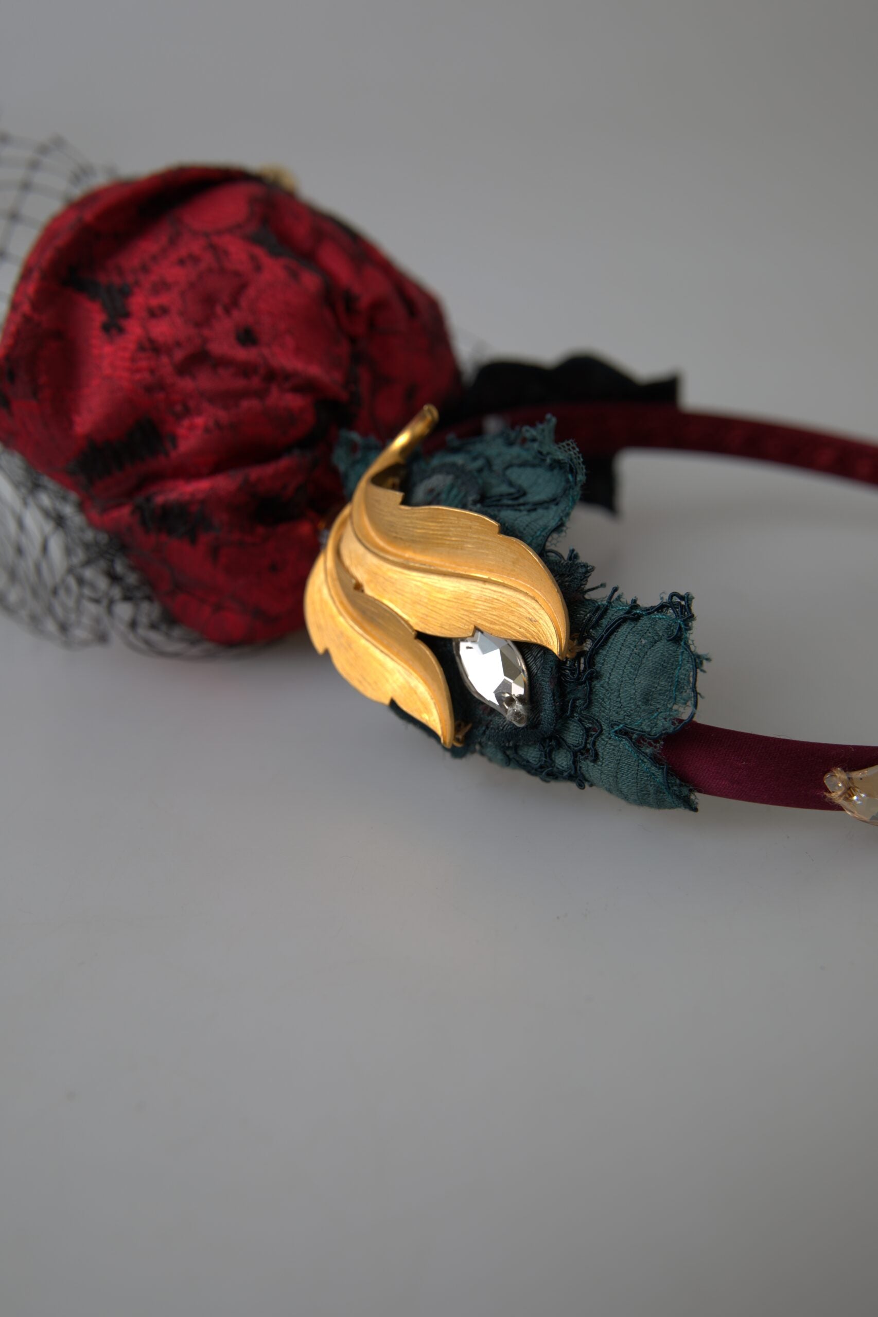 Dolce & Gabbana Red with multicolor Rose Silk Crystal Netted Logo Diadem Headband - ClickThatClicks 