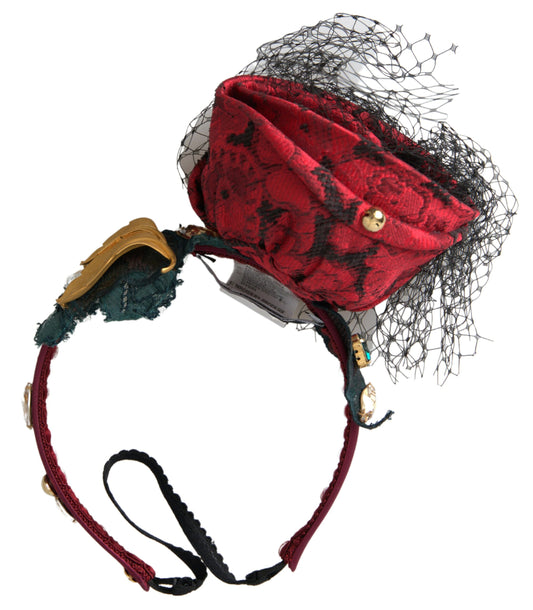 Dolce & Gabbana Red with multicolor Rose Silk Crystal Netted Logo Diadem Headband - ClickThatClicks 