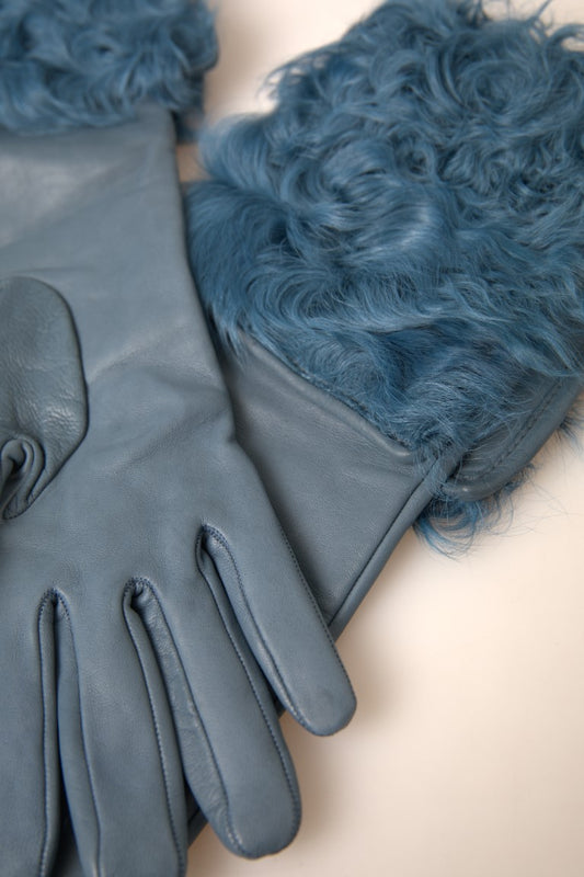 Dolce & Gabbana Blue Leather Fur Mid Arm Length Gloves - ClickThatClicks 