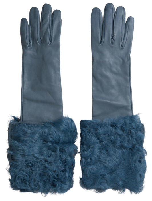 Dolce & Gabbana Blue Leather Fur Mid Arm Length Gloves - ClickThatClicks 
