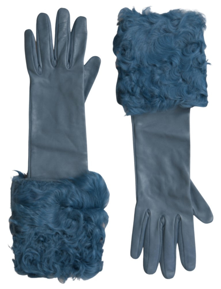 Dolce & Gabbana Blue Leather Fur Mid Arm Length Gloves - ClickThatClicks 