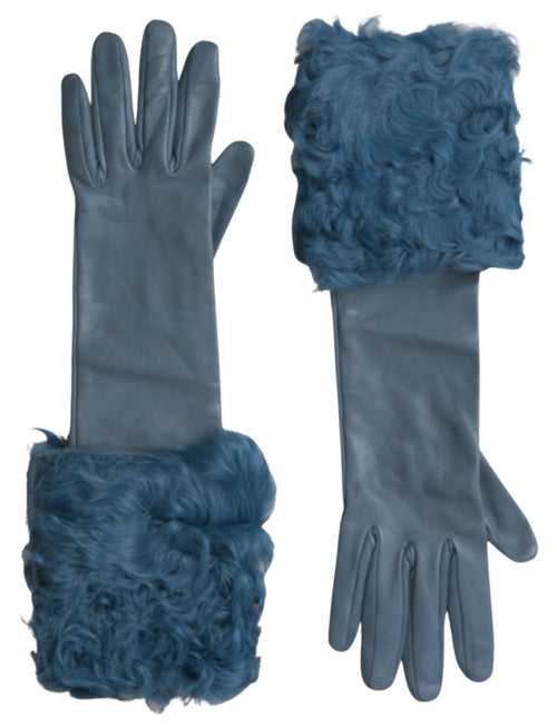 Dolce & Gabbana Blue Leather Fur Mid Arm Length Gloves - ClickThatClicks 