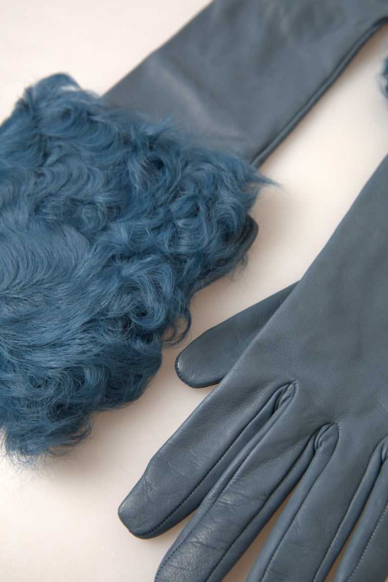 Dolce & Gabbana Blue Leather Fur Mid Arm Length Gloves - ClickThatClicks 