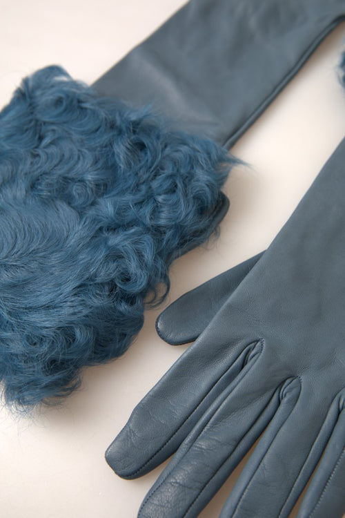 Dolce & Gabbana Blue Leather Fur Mid Arm Length Gloves - ClickThatClicks 