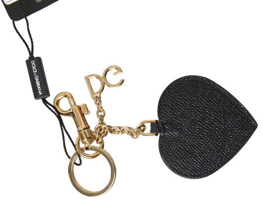 Dolce & Gabbana Black Fuchsia Heart Leather Gold Metal Keyring Keychain - ClickThatClicks 