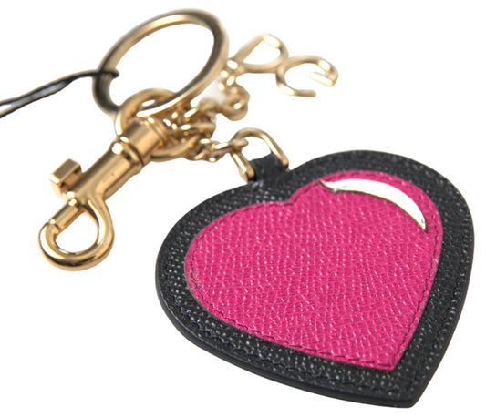 Dolce & Gabbana Black Fuchsia Heart Leather Gold Metal Keyring Keychain - ClickThatClicks 