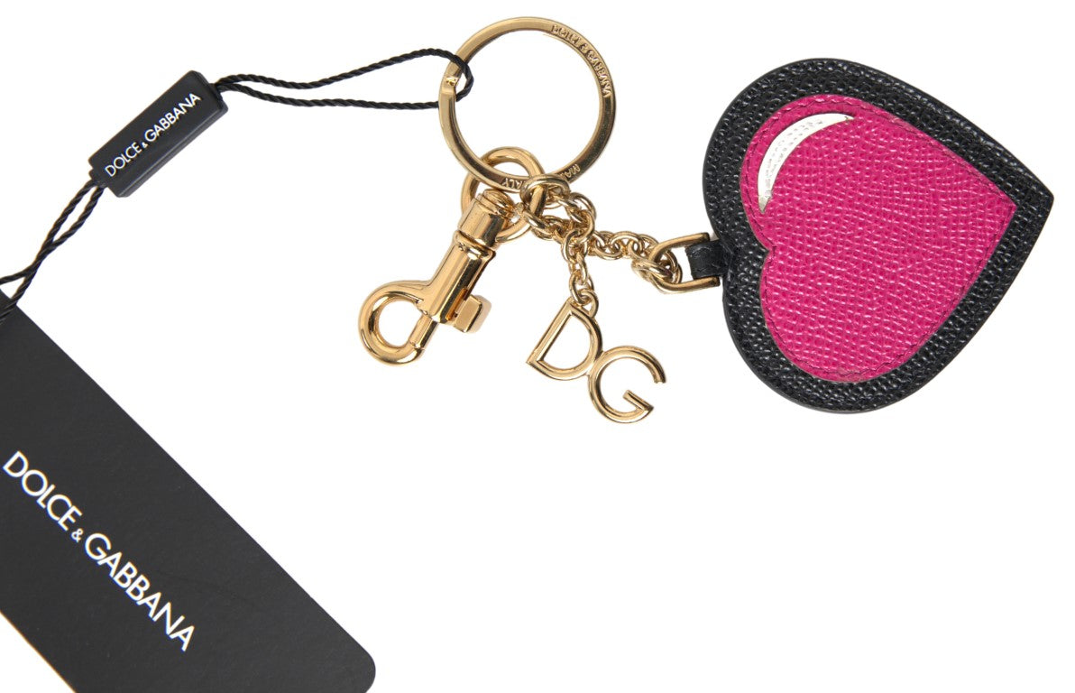 Dolce & Gabbana Black Fuchsia Heart Leather Gold Metal Keyring Keychain - ClickThatClicks 