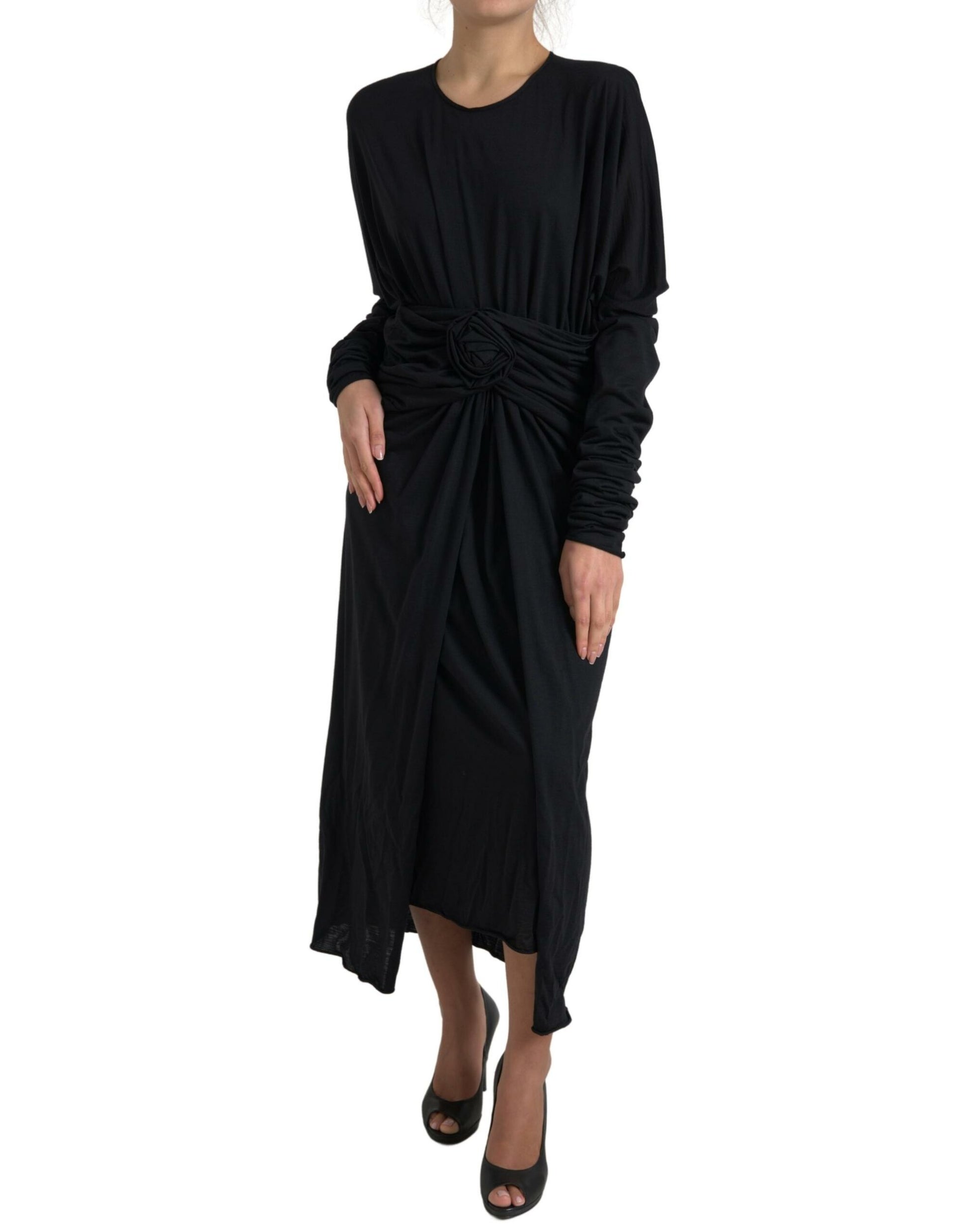Dolce & Gabbana Black Wool Wrap Sheath Midi Gown Dress - ClickThatClicks 