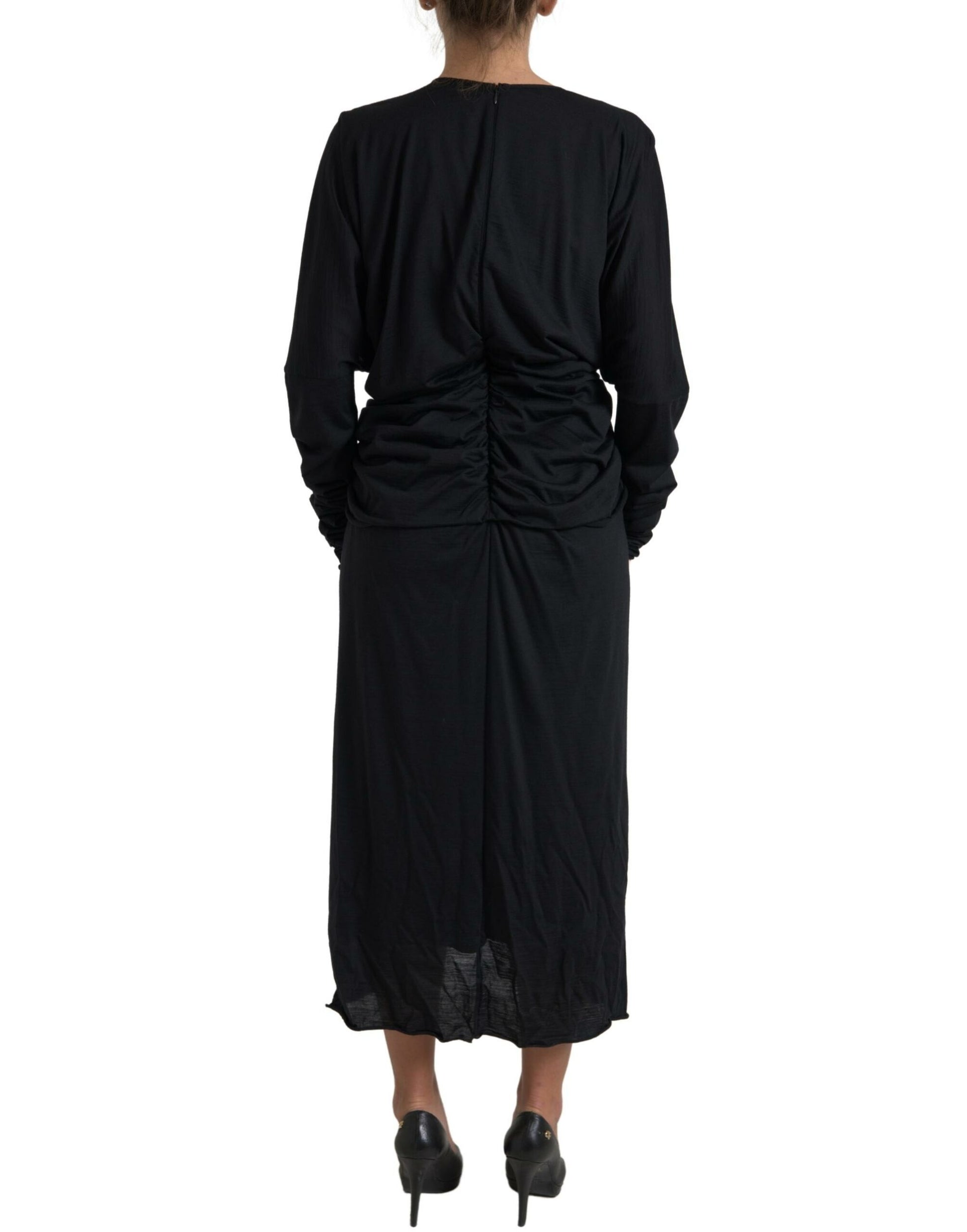 Dolce & Gabbana Black Wool Wrap Sheath Midi Gown Dress - ClickThatClicks 