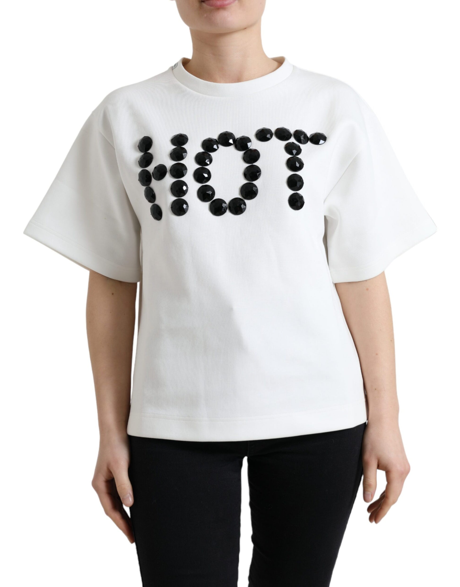 Dolce & Gabbana T-shirt White Cotton Stretch Black HOT Crystal - ClickThatClicks 