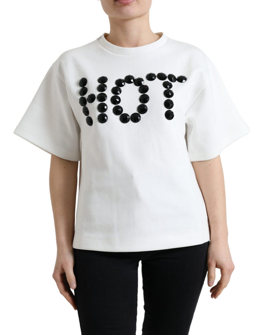 Dolce & Gabbana T-shirt White Cotton Stretch Black HOT Crystal - ClickThatClicks 