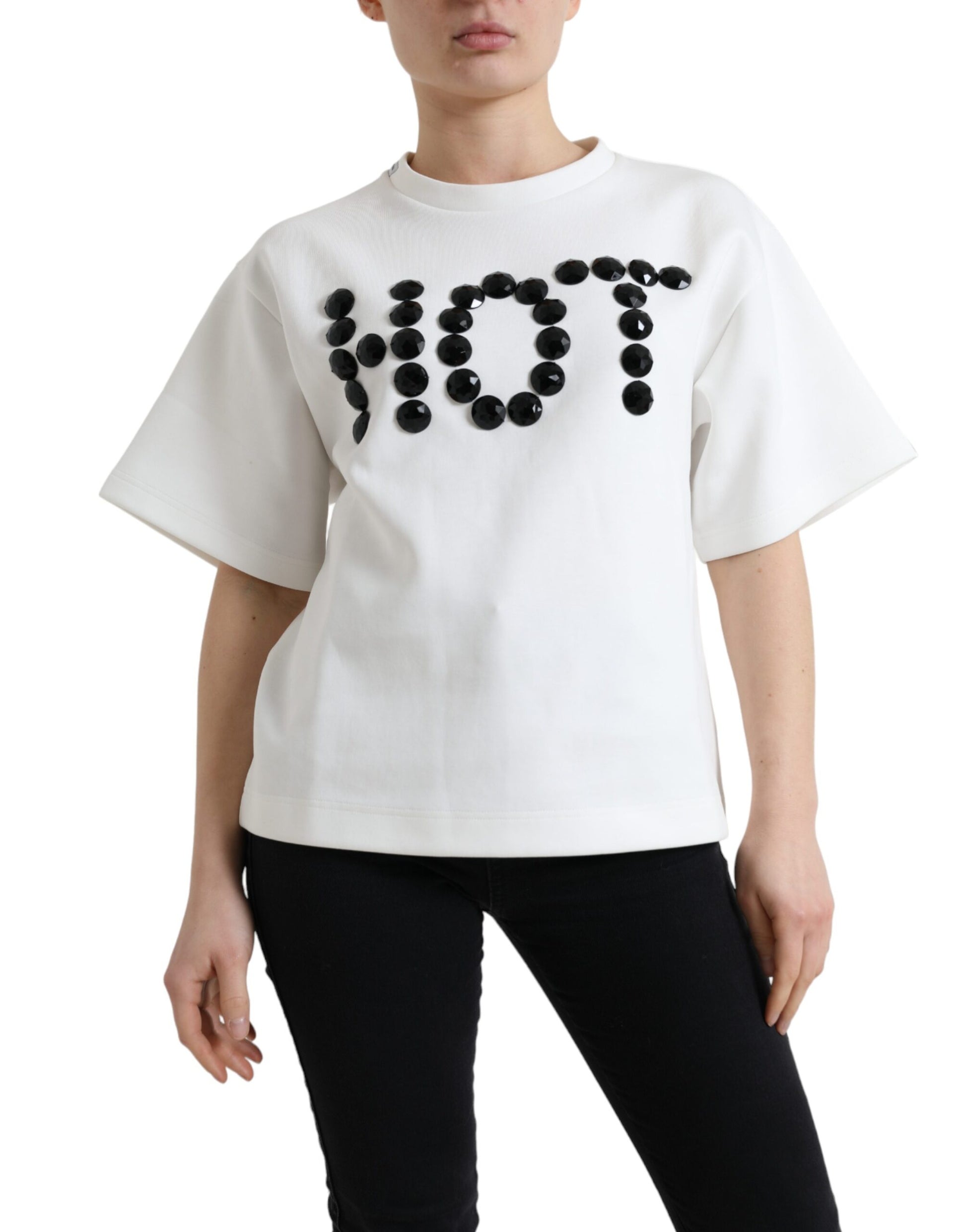 Dolce & Gabbana T-shirt White Cotton Stretch Black HOT Crystal - ClickThatClicks 