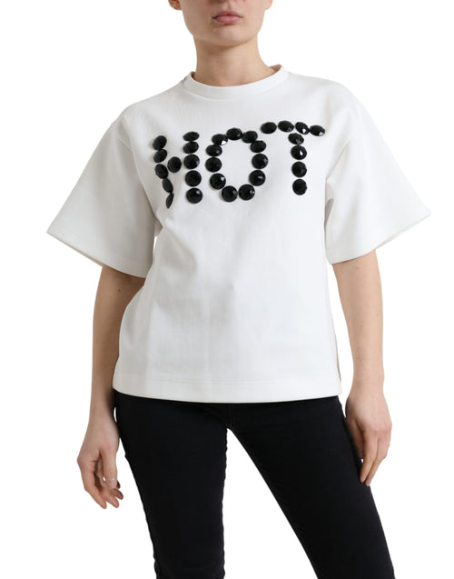 Dolce & Gabbana T-shirt White Cotton Stretch Black HOT Crystal - ClickThatClicks 