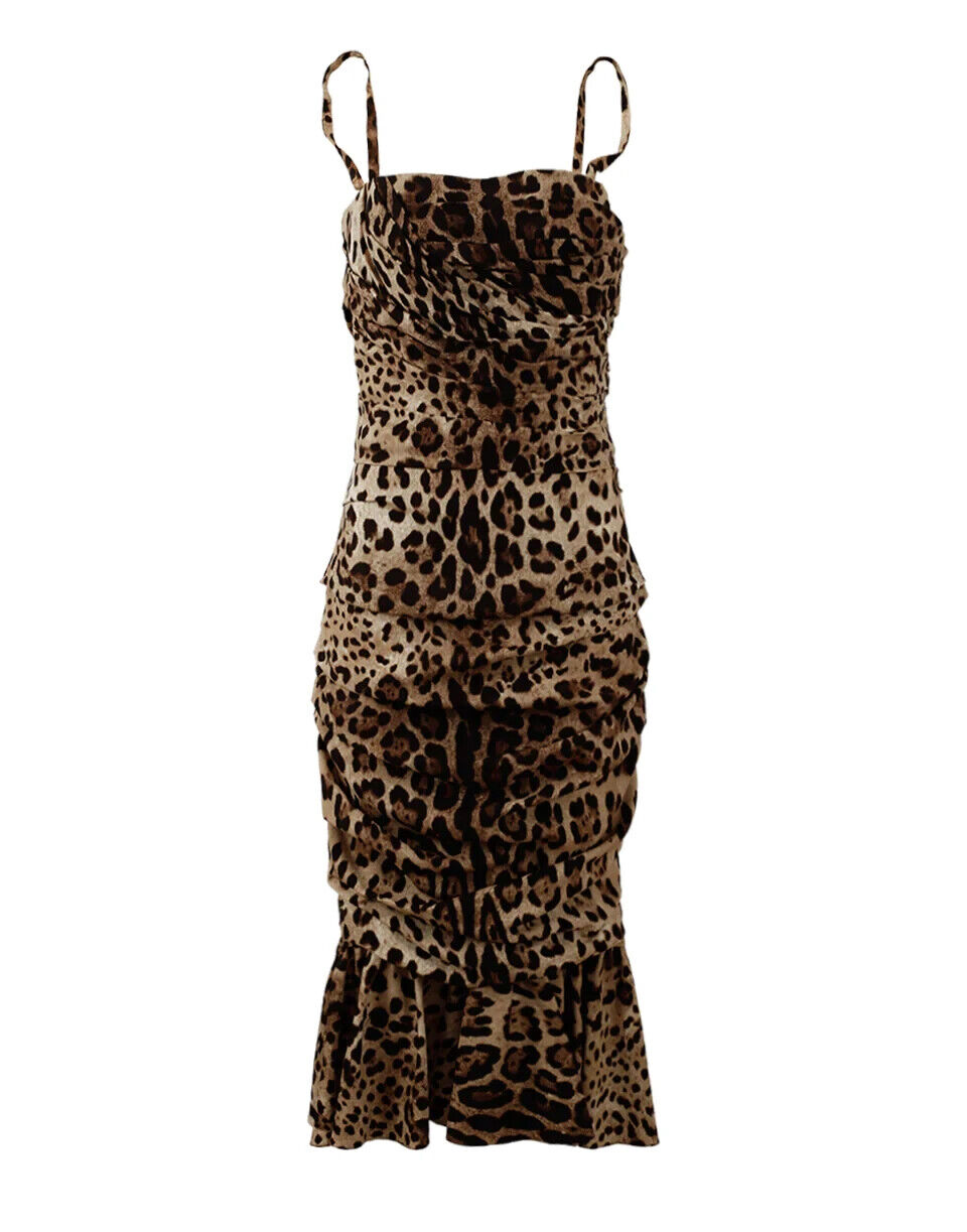 Dolce & Gabbana Brown Leopard Print Ruched Midi Dress - ClickThatClicks 