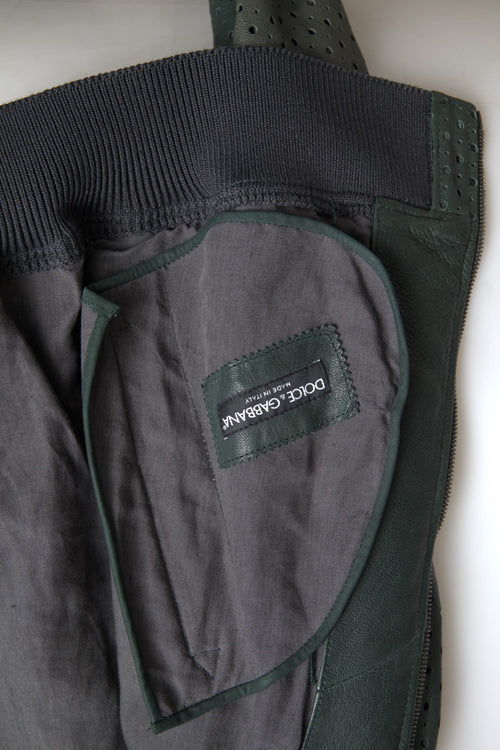 Dolce & Gabbana Green Perforated Leather Bomber Jacket - ClickThatClicks 