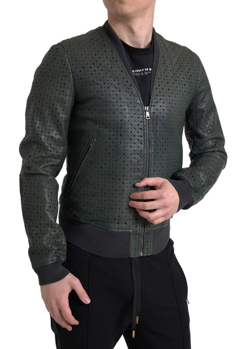 Dolce & Gabbana Green Perforated Leather Bomber Jacket - ClickThatClicks 