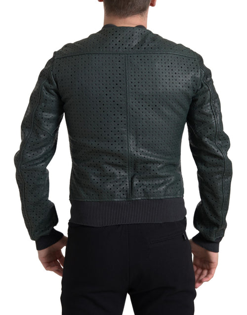 Dolce & Gabbana Green Perforated Leather Bomber Jacket - ClickThatClicks 