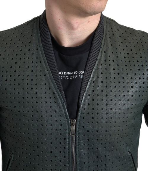 Dolce & Gabbana Green Perforated Leather Bomber Jacket - ClickThatClicks 
